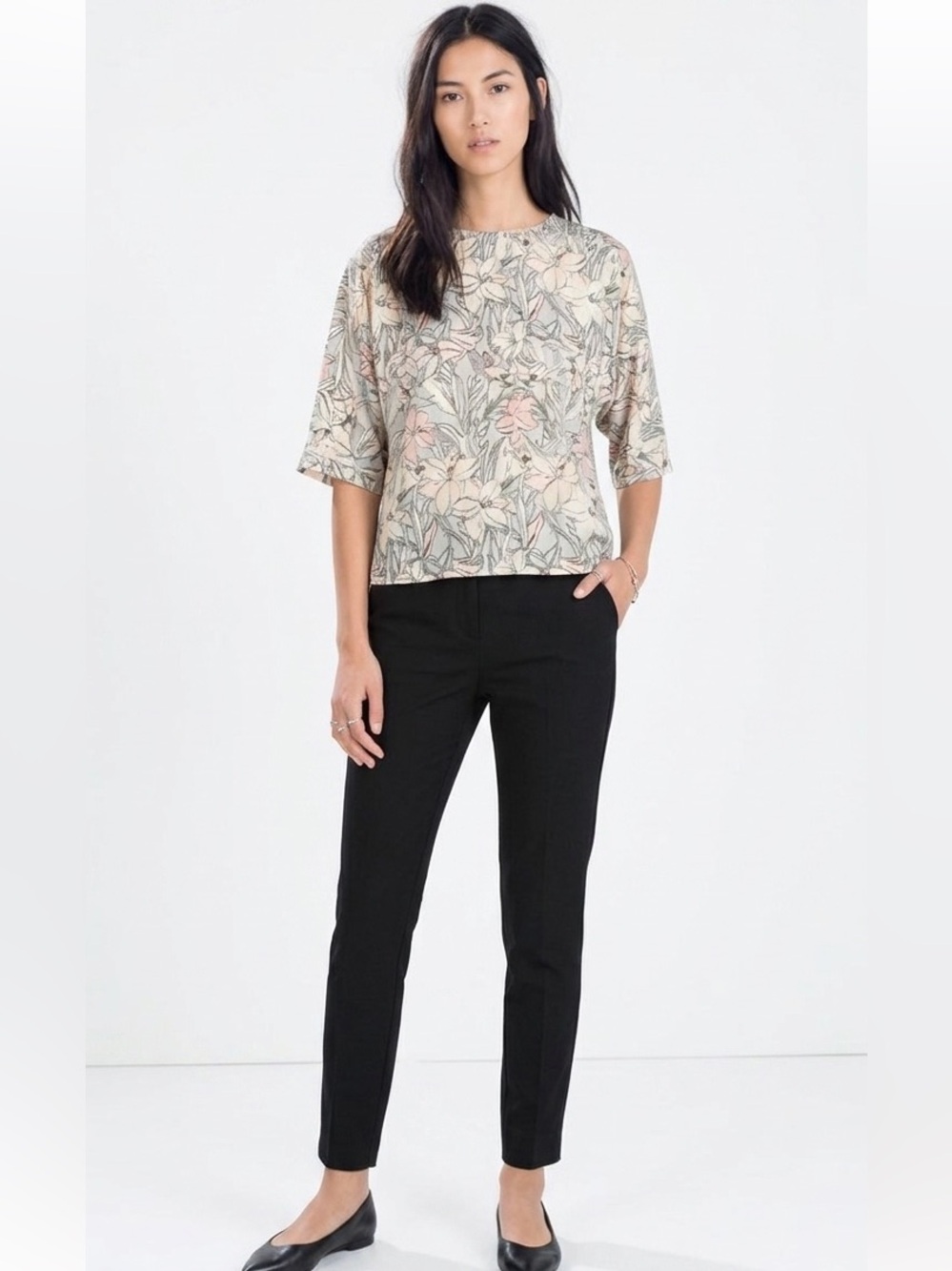 Zara Floral Pocket Blouse Top Elbow Length Sleeve